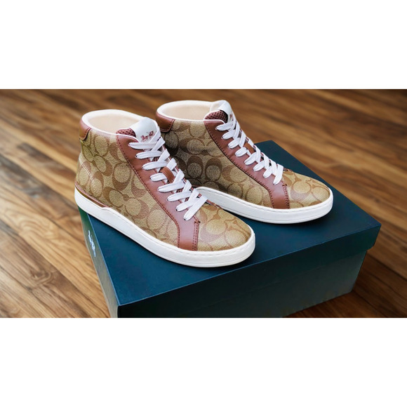 Coach Clip High Top Sneakers G5367 Sig PVC Khaki Saddle Women’s 10B NIB - Picture 1 of 16